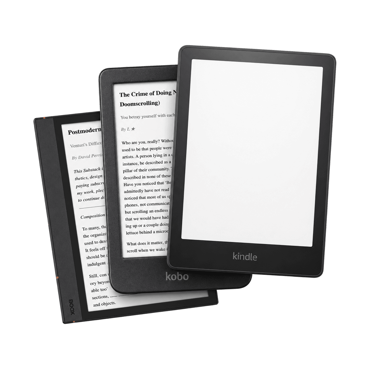 A Boox, Kobo, and Kindle e-reader showing articles converted by Inkbox