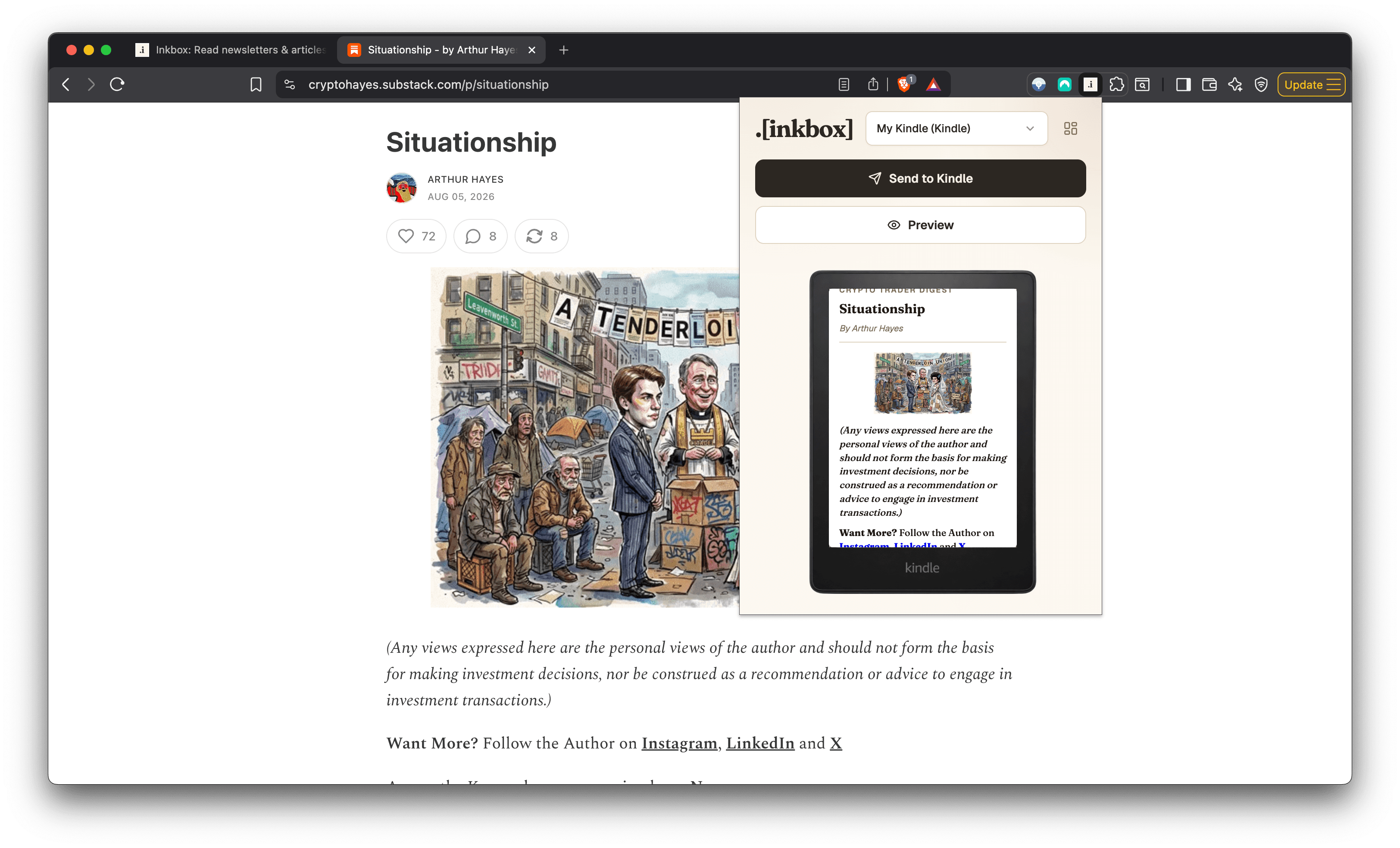Inkbox browser extension popup on an Economist article